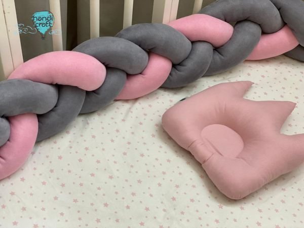 ბავშვის საწოლის ბამპერი – ბარხატის, ვარდისფერი ნაცრისფერში