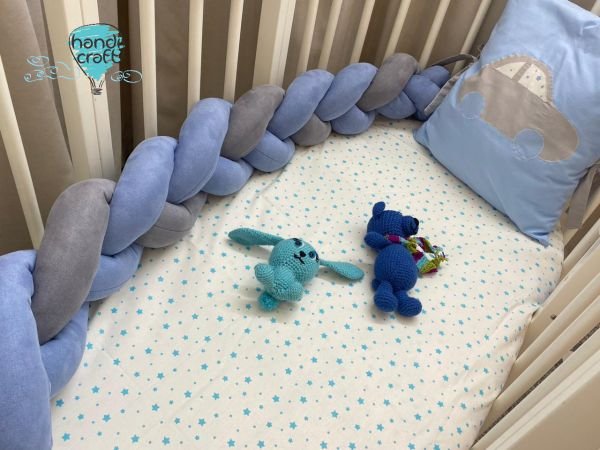 ბავშვის საწოლის ბამპერი ლურჯი ნაცრისფერში